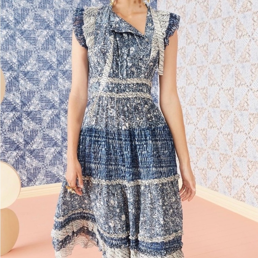 Ulla Johnson Blue And White Ruffle Dress